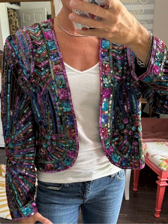 Joan Leslie Jackets & Blazers - Vintage Joan Leslie Studio Silk Beaded Sequin Cropped Jacket Black Jewel Tone
